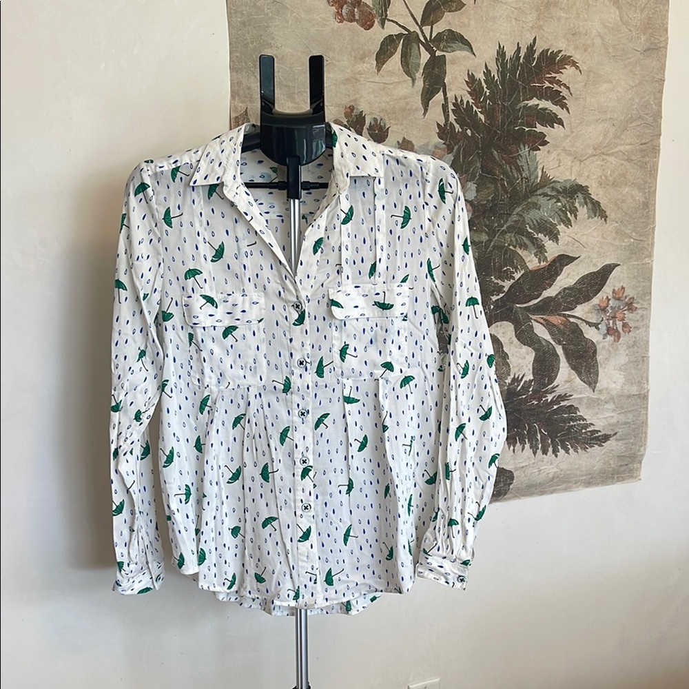 White And Green Umbrella And Rain Patterned Blous… - image 2